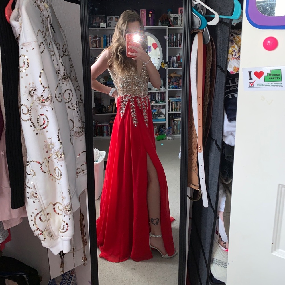 Red and gold prom dress